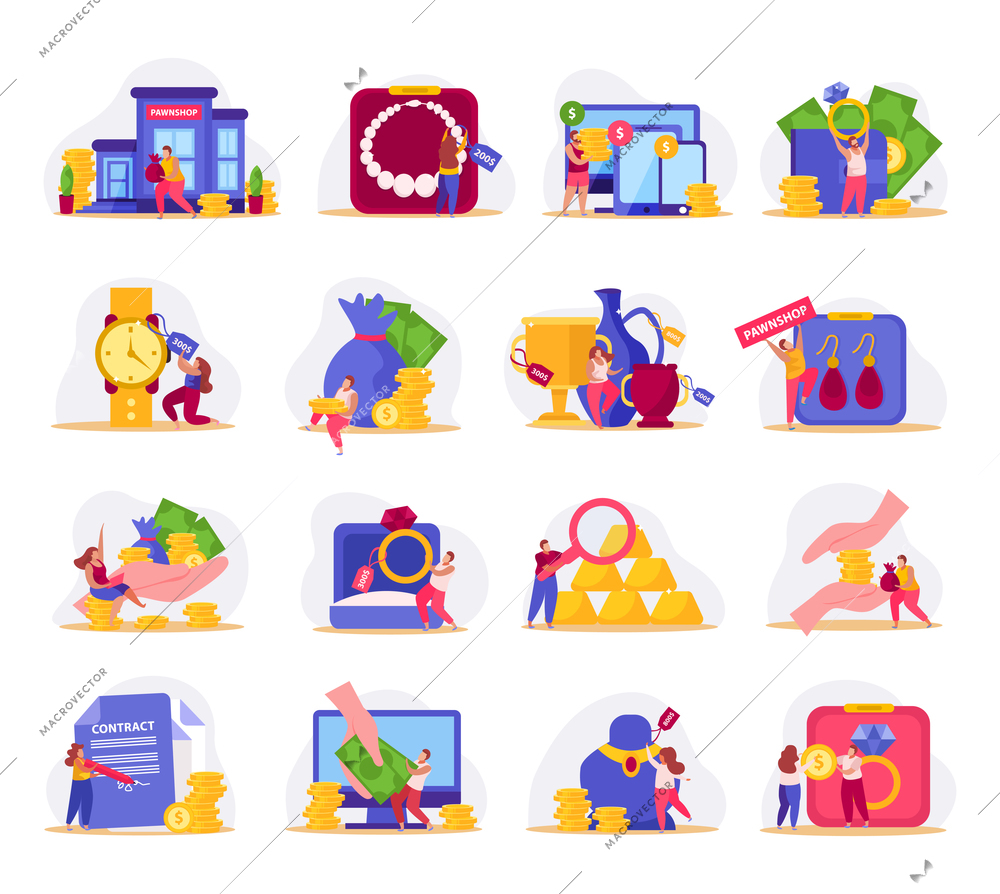 Pawnshop flat icons collection with isolated compositions of doodle people and valuable items with money coins vector illustration