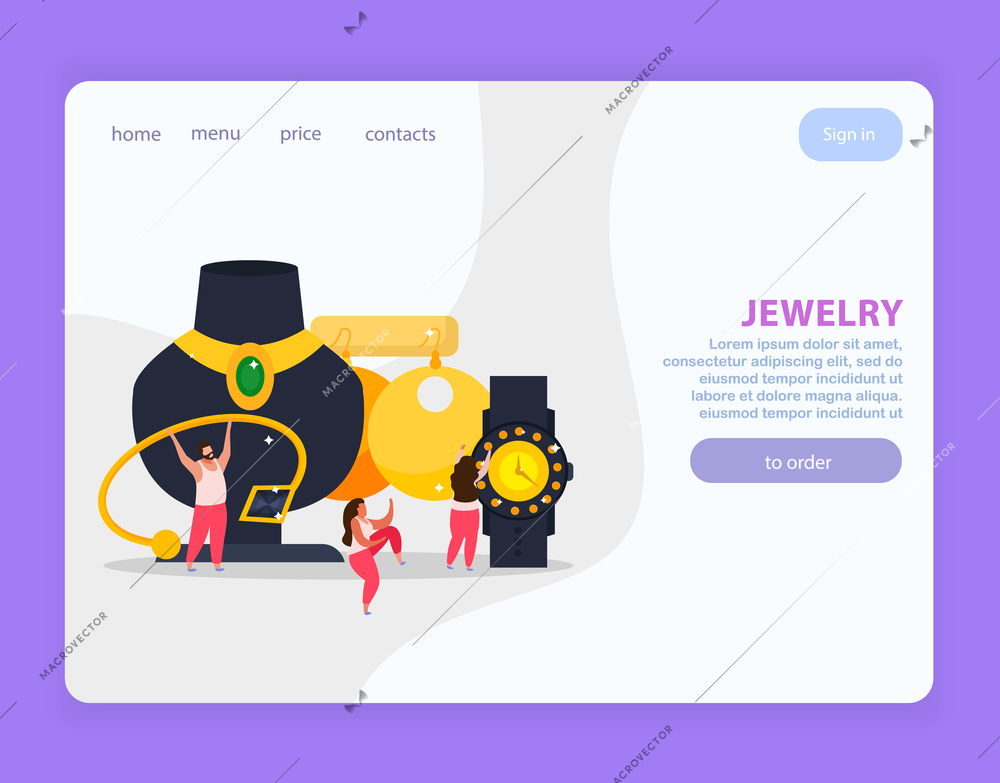 Jewelry flat composition with web site page design clickable links buttons doodle images and editable text vector illustration