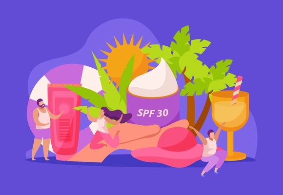 Sunscreen skin care flat composition with images of creams and tropical leaves with doodle human characters vector illustration