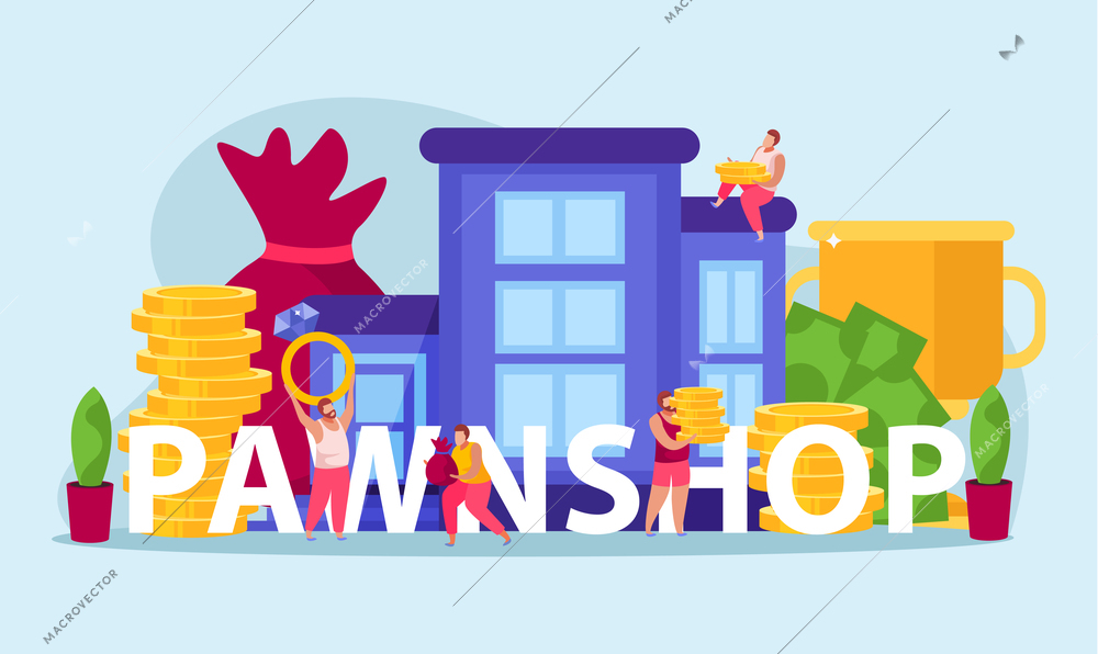 Pawnshop flat composition with text surrounded by human characters house and piles of golden coins banknotes vector illustration