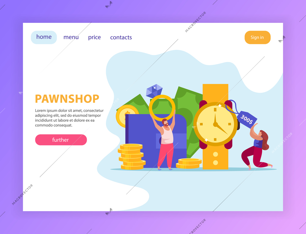 Pawnshop flat composition with web site page design clickable buttons links editable text and pawn images vector illustration