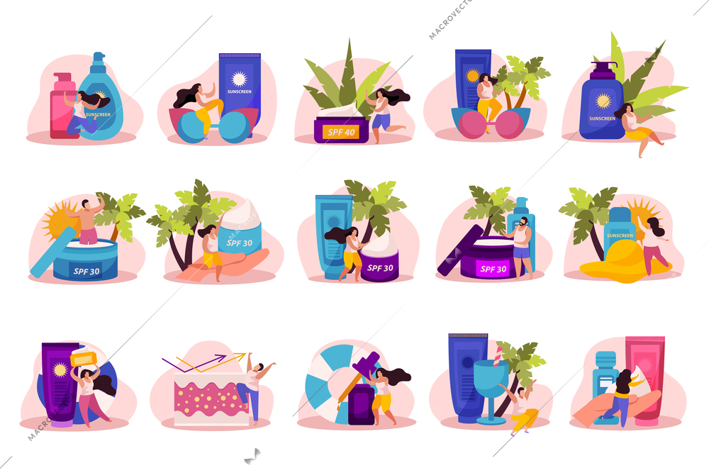 Sunscreen skin care flat recolor set of isolated icons human characters tropical trees creams and sunglasses vector illustration