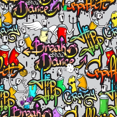 Graffiti spray paint street art subculture characters letters composition design seamless colorful pattern sketch grunge vector illustration