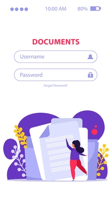 Employment service and employment documents flat background with mobile sign in page username and password forms vector illustration