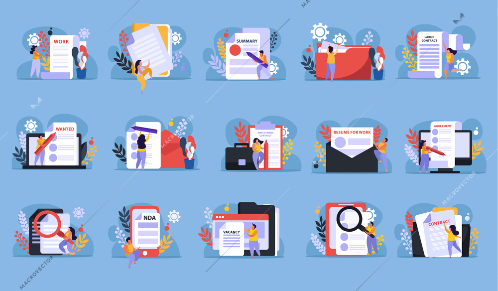 Employment service and employment documents flat recolor set of isolated paper icons and doodle human characters vector illustration