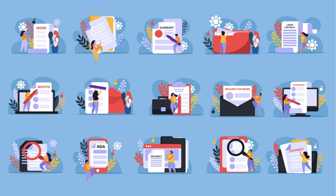 Employment service and employment documents flat recolor set of isolated paper icons and doodle human characters vector illustration