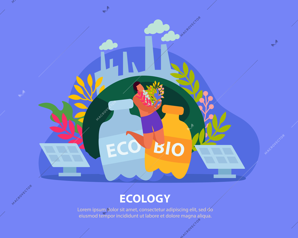 Ecology and save nature concept flat background with editable text and round composition of doodle images vector illustration