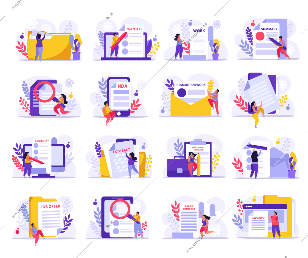 Employment service and employment documents collection of flat icons with sheets of paper folders and people vector illustration