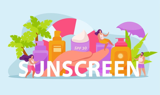 Sunscreen skin care flat text composition with images of body lotions creams tropical trees and people vector illustration