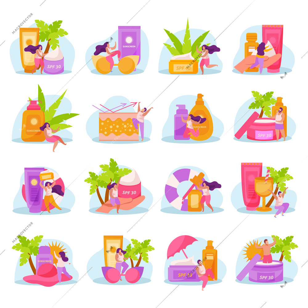 Sunscreen skin care set of isolated icons and images of relaxing people tropical plants and lotions vector illustration