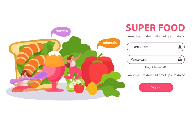 Healthy and super food flat background with form for entering username and password with doodle images vector illustration