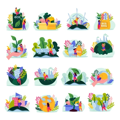 Ecology and save nature concept flat icons set with isolated compositions of doodle characters and plants vector illustration