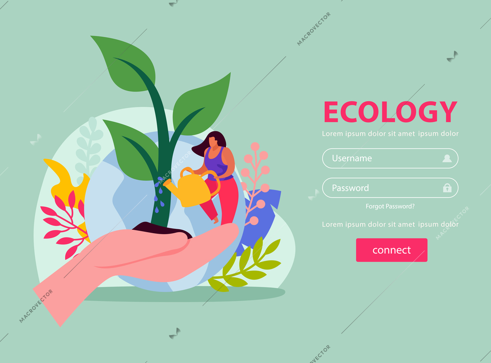 Ecology and save nature concept flat background with sign in fields and female character watering plant vector illustration