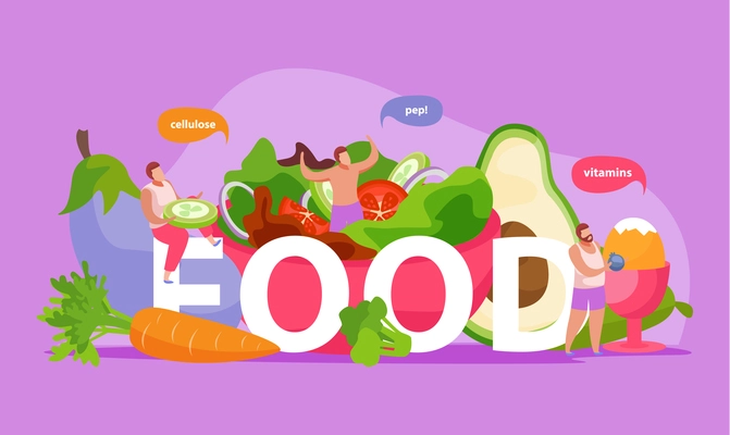 Healthy and super food flat composition of text and organic products with people and thought bubbles vector illustration