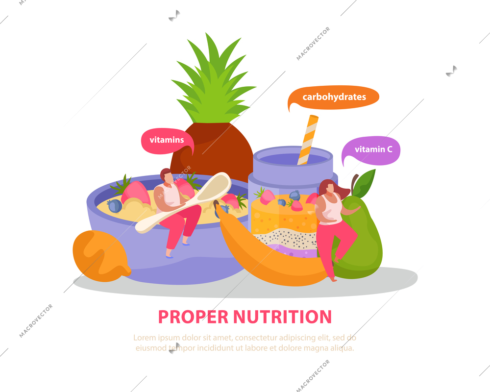 Healthy and super food flat background with editable text and doodle people with colourful thought bubbles vector illustration