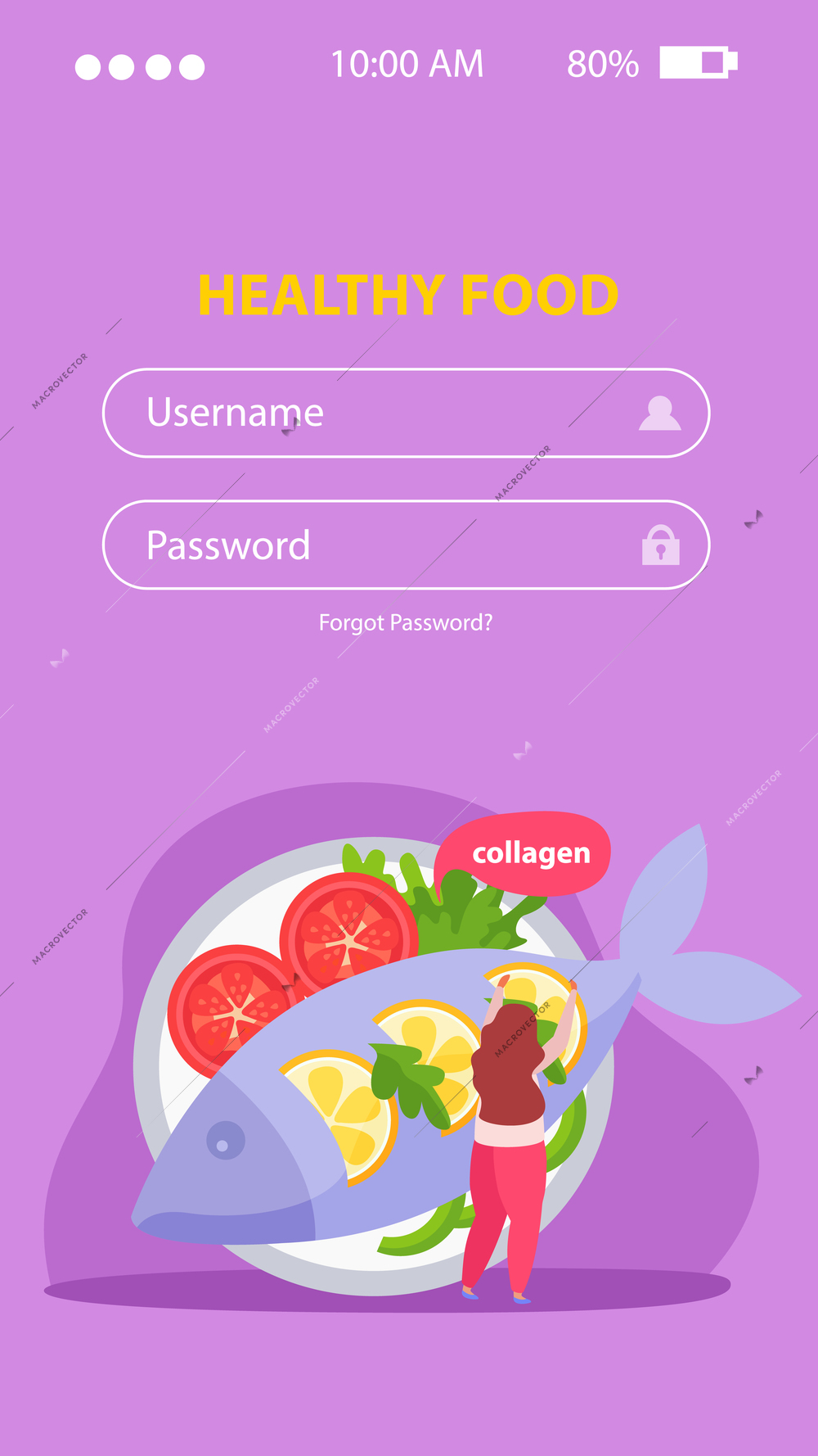 Healthy and super food flat vertical background with username and password fields and fish dish images vector illustration