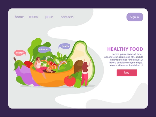 Healthy and super food flat landing lage for website with clickable links buttons and doodle images vector illustration