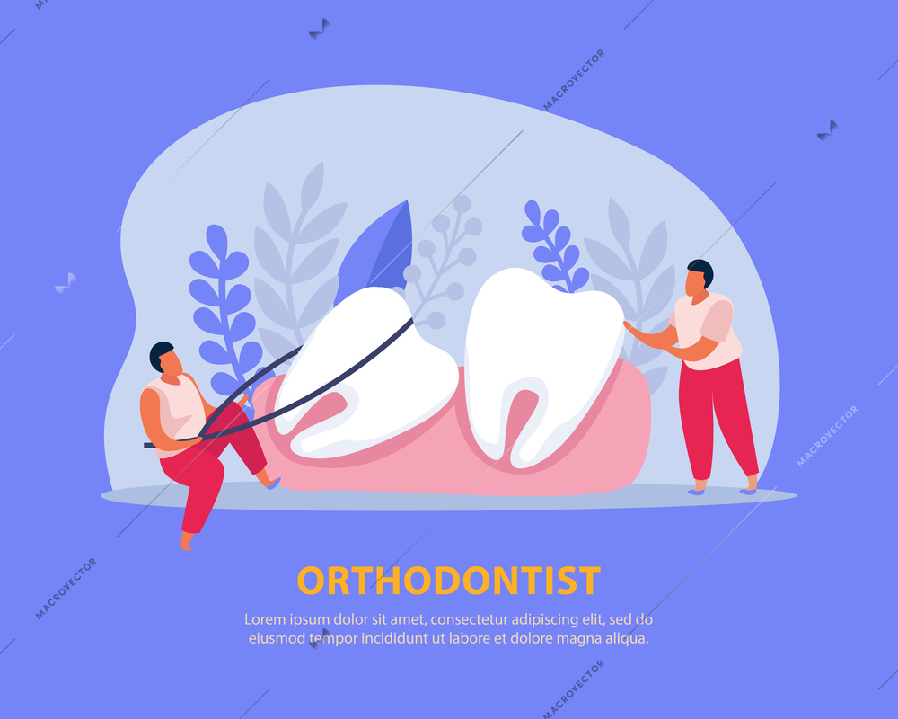 Dental health flat recolor background with editable text and human characters taking care of parenthetic teeth vector illustration