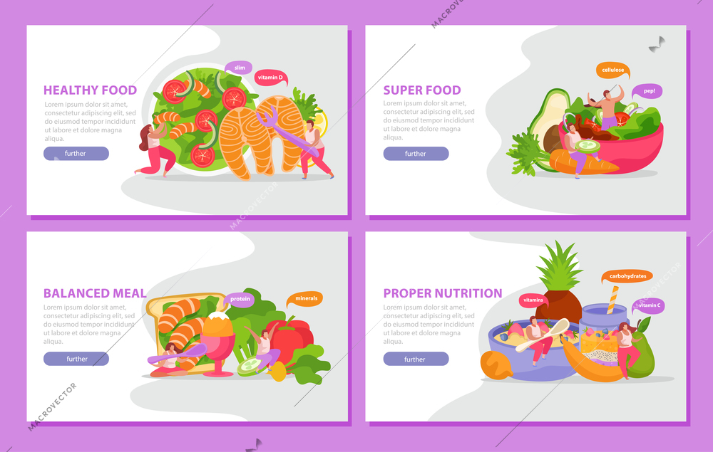 Healthy and super food flat 4x1 set of horizontal banners with images of well balanced meal vector illustration