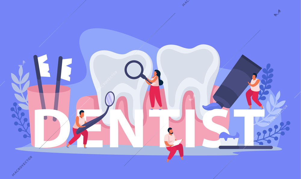 Dental health flat composition with text surrounded by doodle human characters and instruments with tooth images vector illustration