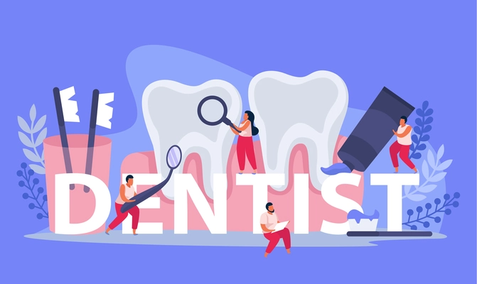 Dental health flat composition with text surrounded by doodle human characters and instruments with tooth images vector illustration