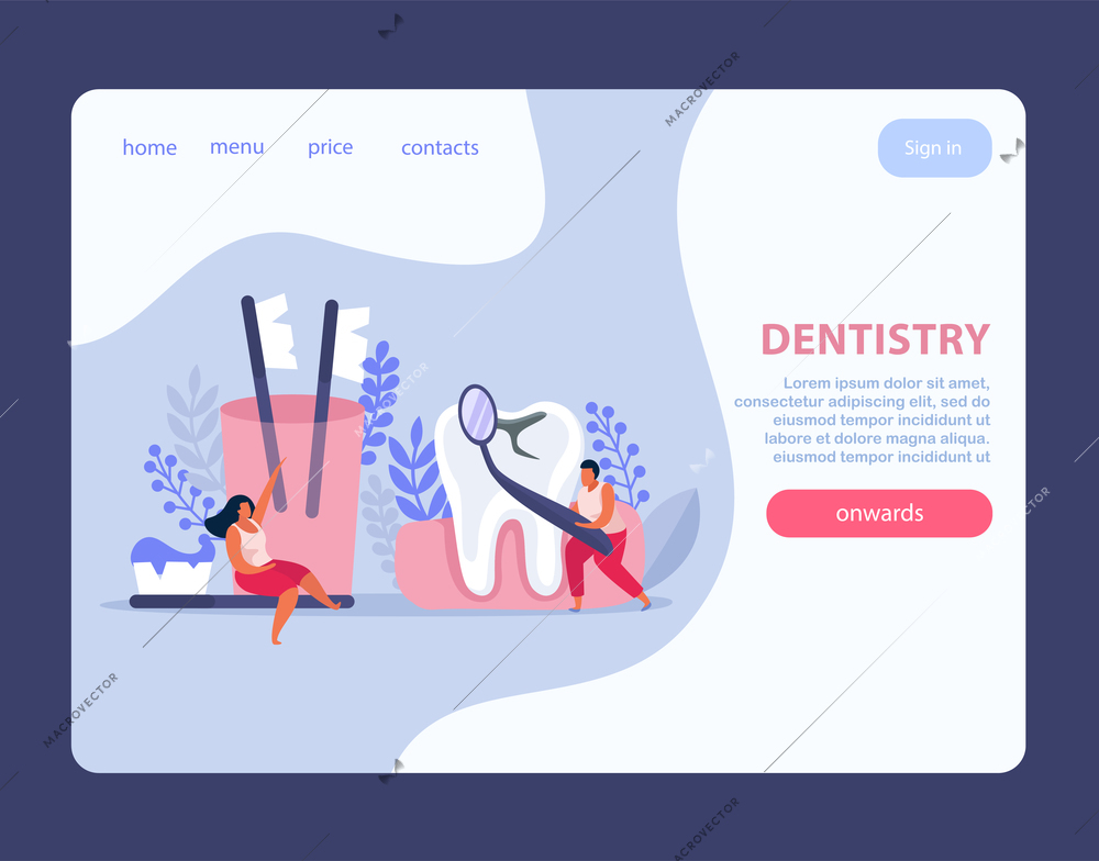 Dental health flat landing page website design with clickable buttons links and text with doodle images vector illustration