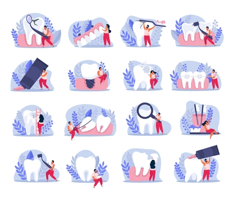 Dental health flat icons collection with isolated compositions of tooth images instruments and doodle human characters vector illustration