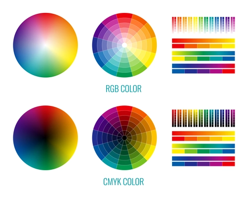Cmyk rgb spectrum rainbow set with isolated round and stripe palettes for color selection graphic design vector illustration
