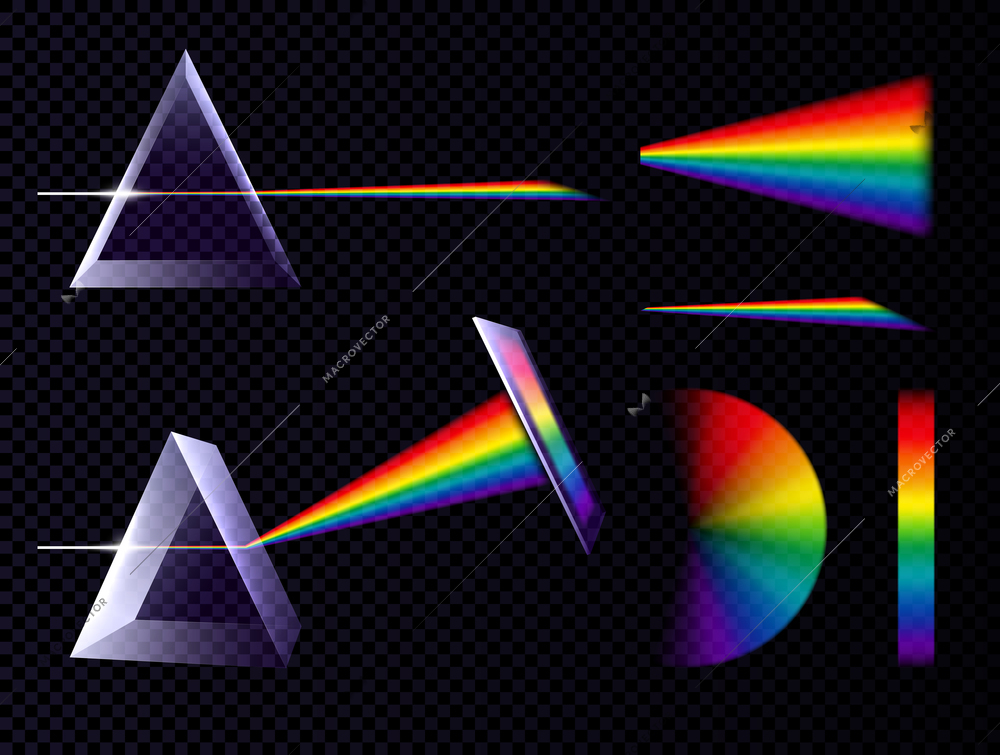 Prism light spectrum rainbow set on transparent background with triangle prisms and palettes of different shape vector illustration