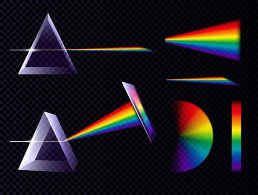Prism light spectrum rainbow set on transparent background with triangle prisms and palettes of different shape vector illustration