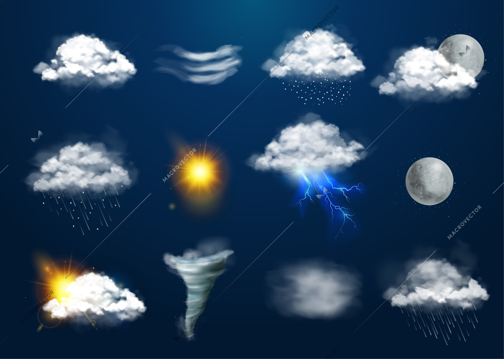 Weather set with natural phenomena symbols realistic isolated vector illustration