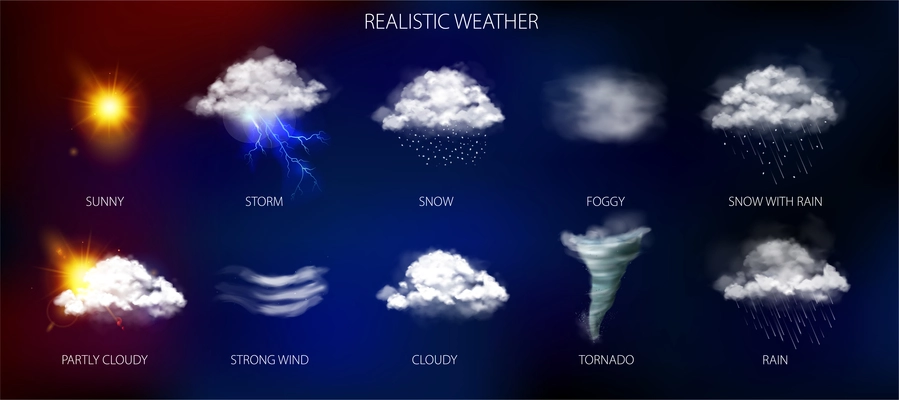 Weather phenomena set with tornado snow and storm symbols realistic isolated vector illustration