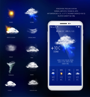 Weather forecast mobile application with temperature humidity and visibility realistic vector illustration