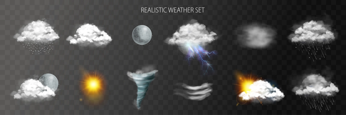 Weather transparent set with rain wind and tornado symbols realistic isolated vector illustration