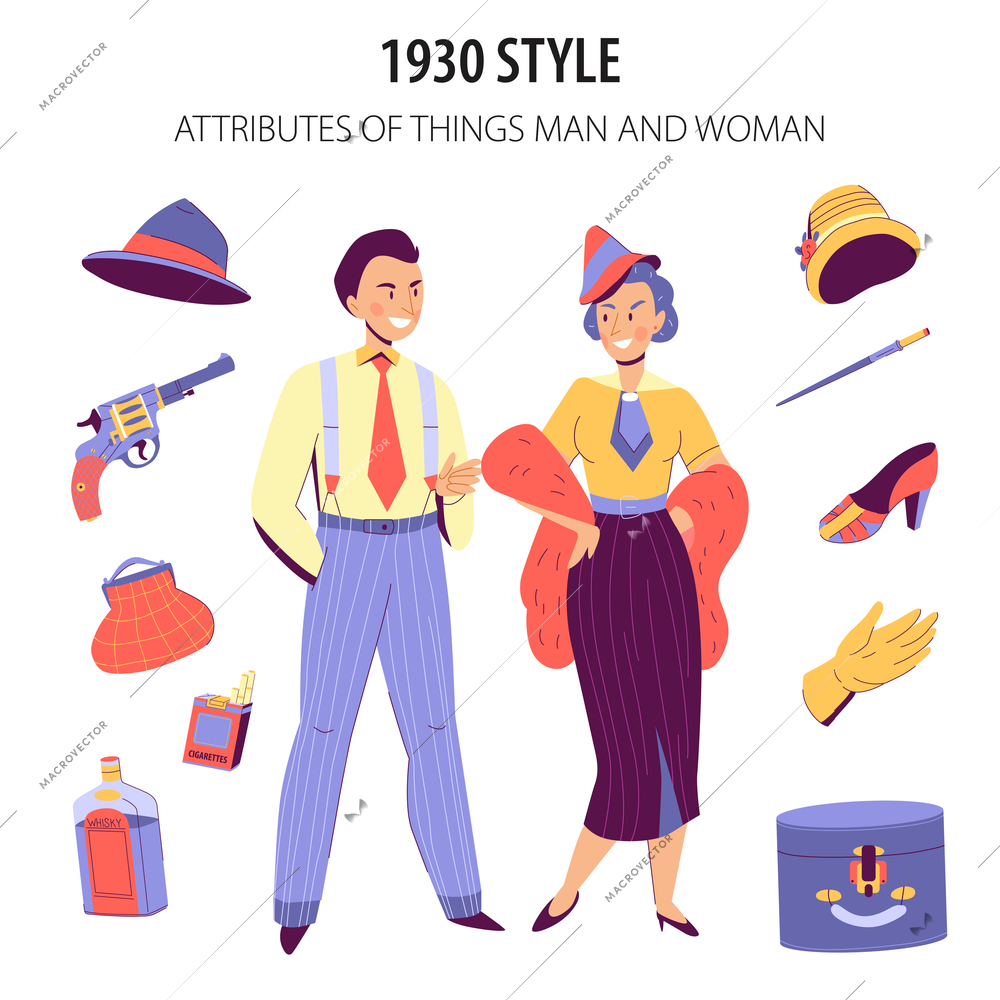 Fashion history flat composition with couple dressed in 1930 style clothing footwear hats accessories revolver vector illustration