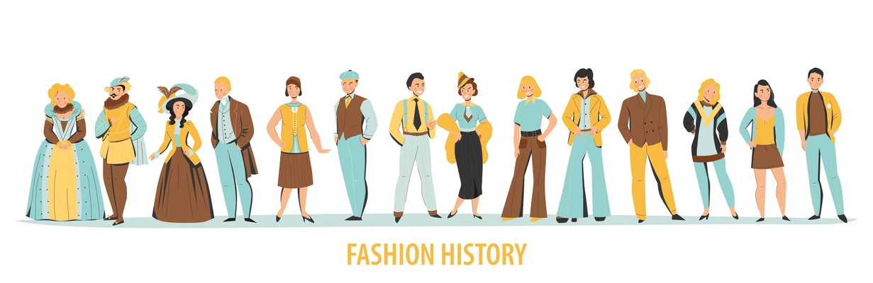 Fashion history from ancient to present horizontal line of people in their epoch costume flat vector illustration