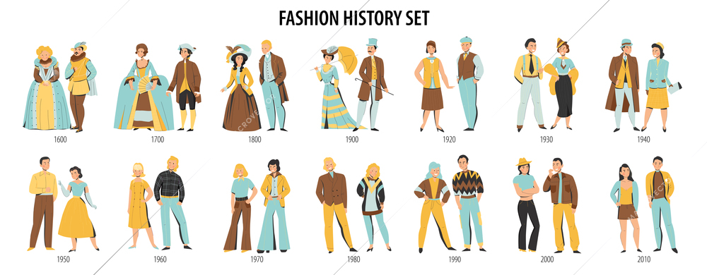 Fashion history men women costume from middle ages to modern times dressed couples flat set vector illustration