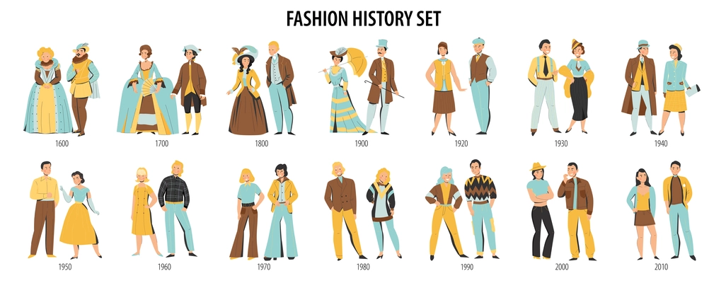 Fashion history men women costume from middle ages to modern times dressed couples flat set vector illustration