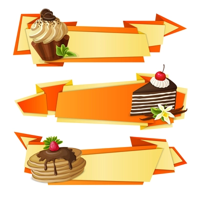 Decorative sweets food paper banners set with chocolate muffin vanilla cake pancakes dessert isolated vector illustration.