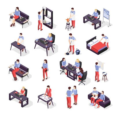 Isometric icons set with working at office wife and house husband isolated on white background 3d vector illustration