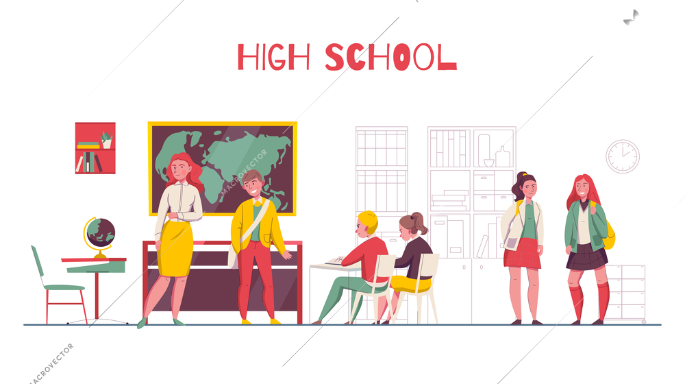 High school college lesson classroom map globe students at desk teenagers talking flat horizontal composition vector illustration