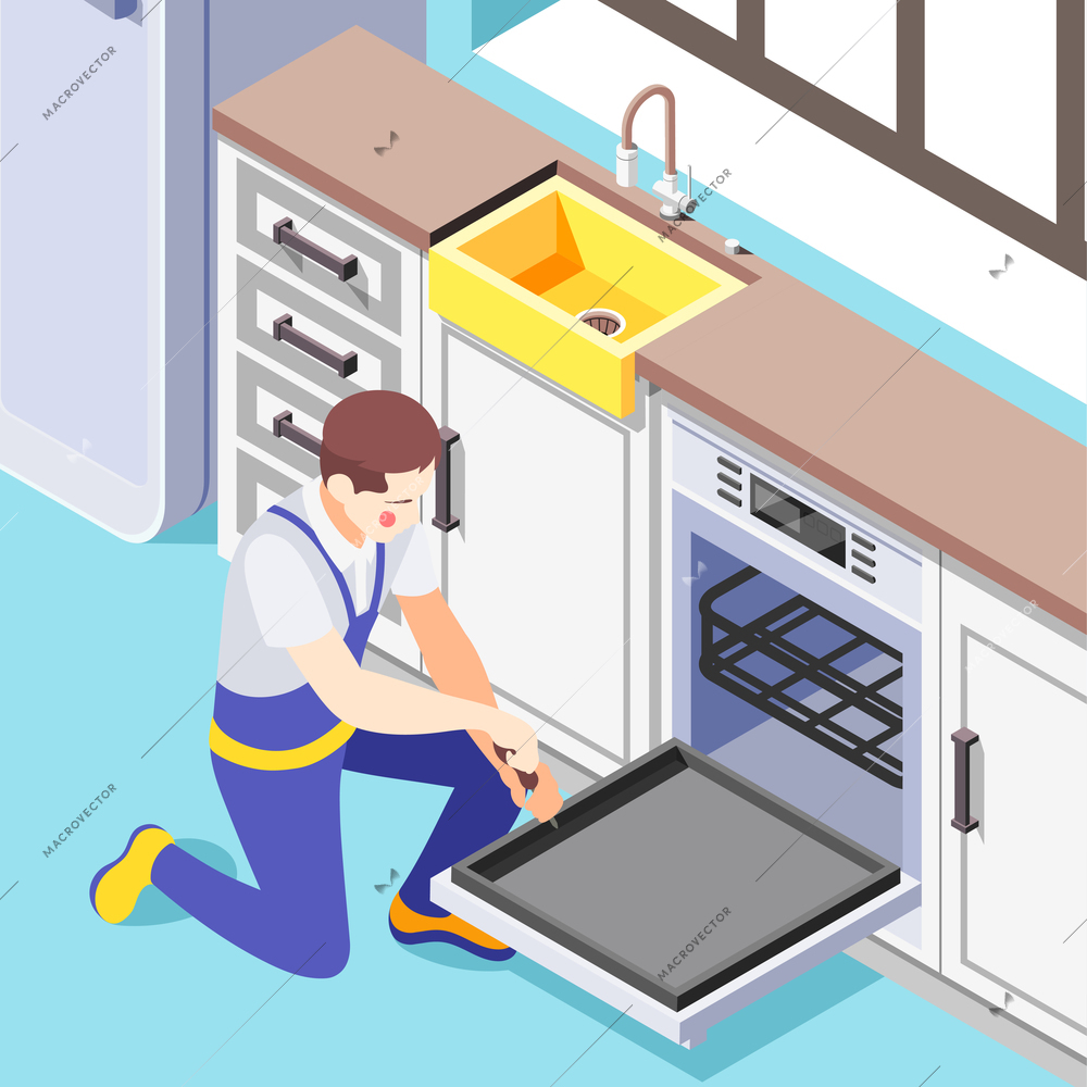 Isometric background with man repairing oven 3d vector illustration