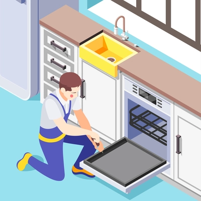 Isometric background with man repairing oven 3d vector illustration