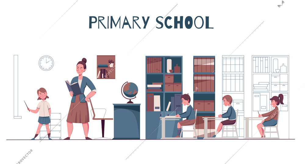 Primary junior school lesson classroom interior teacher with textbook pupils at desks flat horizontal composition vector illustration