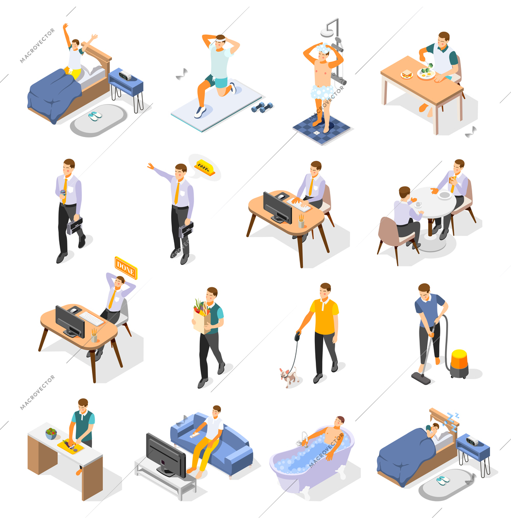 Isometric icons set with man and his daily routine during work day isolated on white background 3d vector illustration