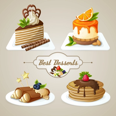 Decorative sweets best dessert set of crepes cheesecake layered cake with syrup vector illustration