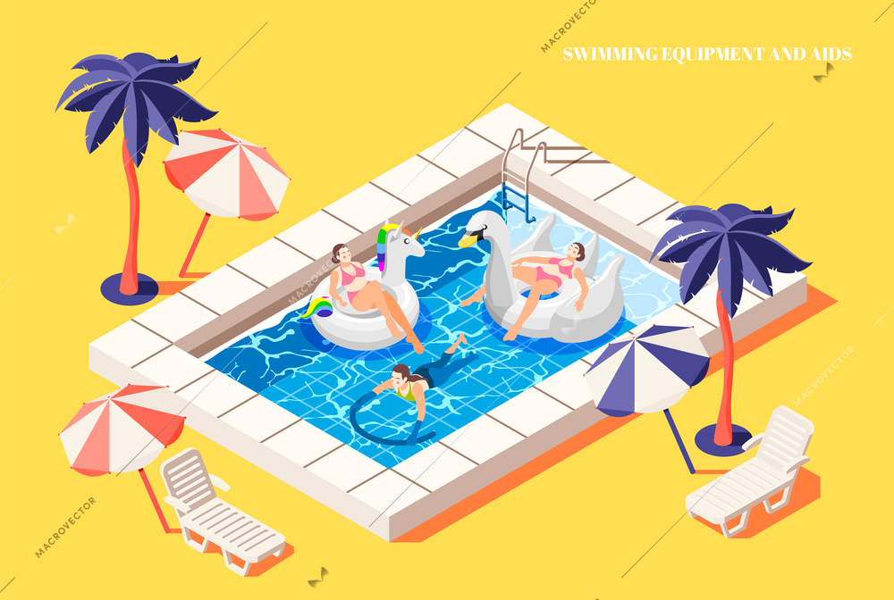 People relaxing with swimming aid in pool isometric composition on yellow background 3d vector illustration
