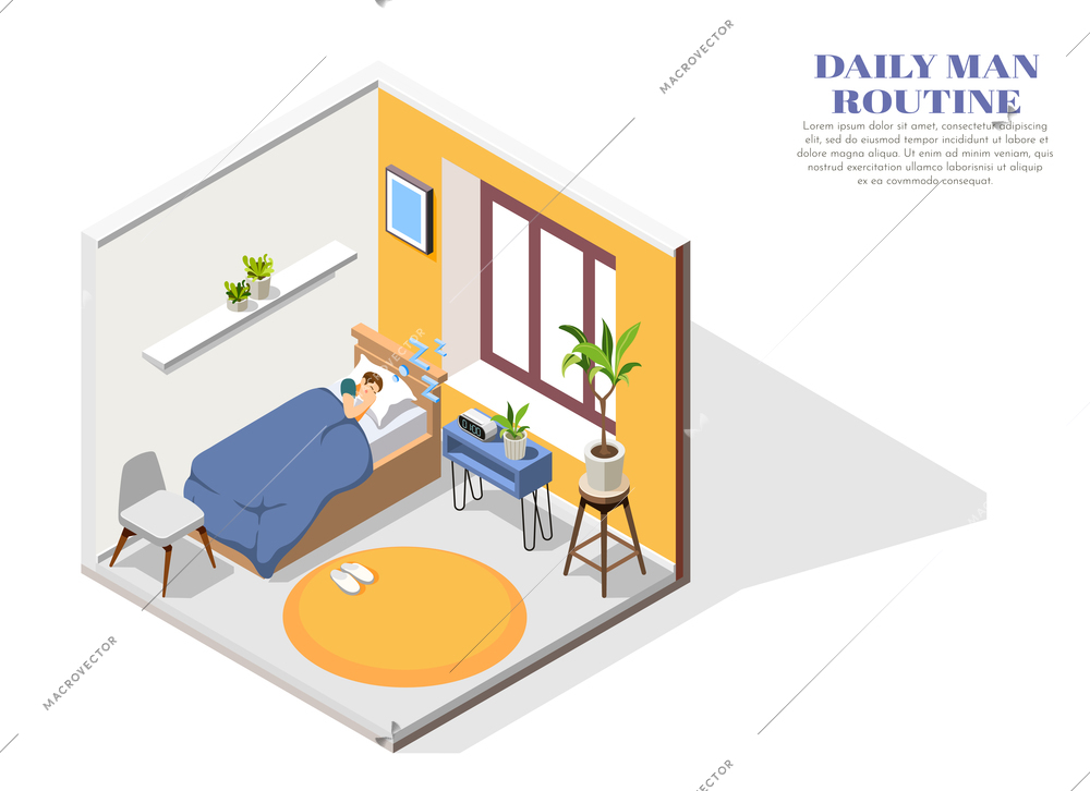 Daily routine isometric composition with man sleeping in his bedroom 3d vector illustration