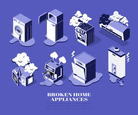 Broken home appliances isometric set with washing machine fridge microwave over conditioner boiler isolated on blue background 3d vector illustration