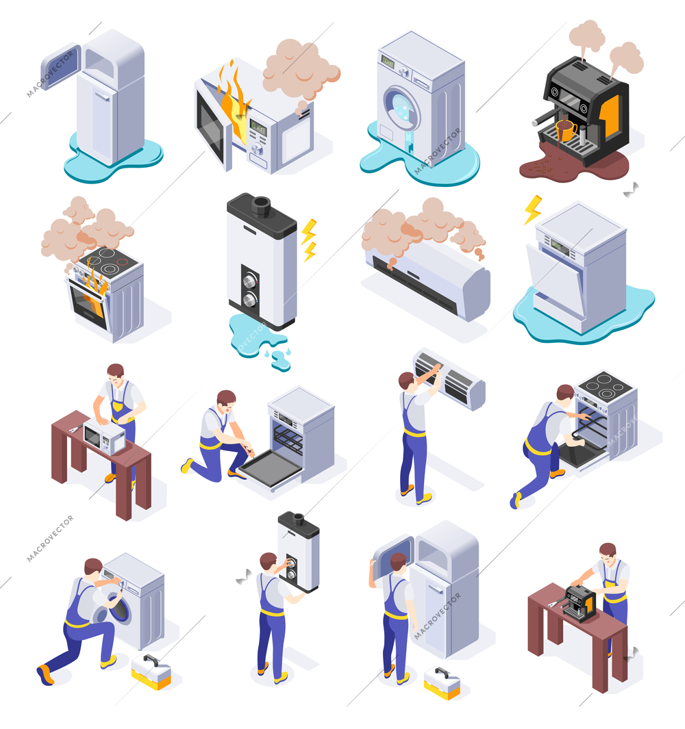 Isometric icons set with broken appliances and men from home repair service isolated on white background 3d vector illustration